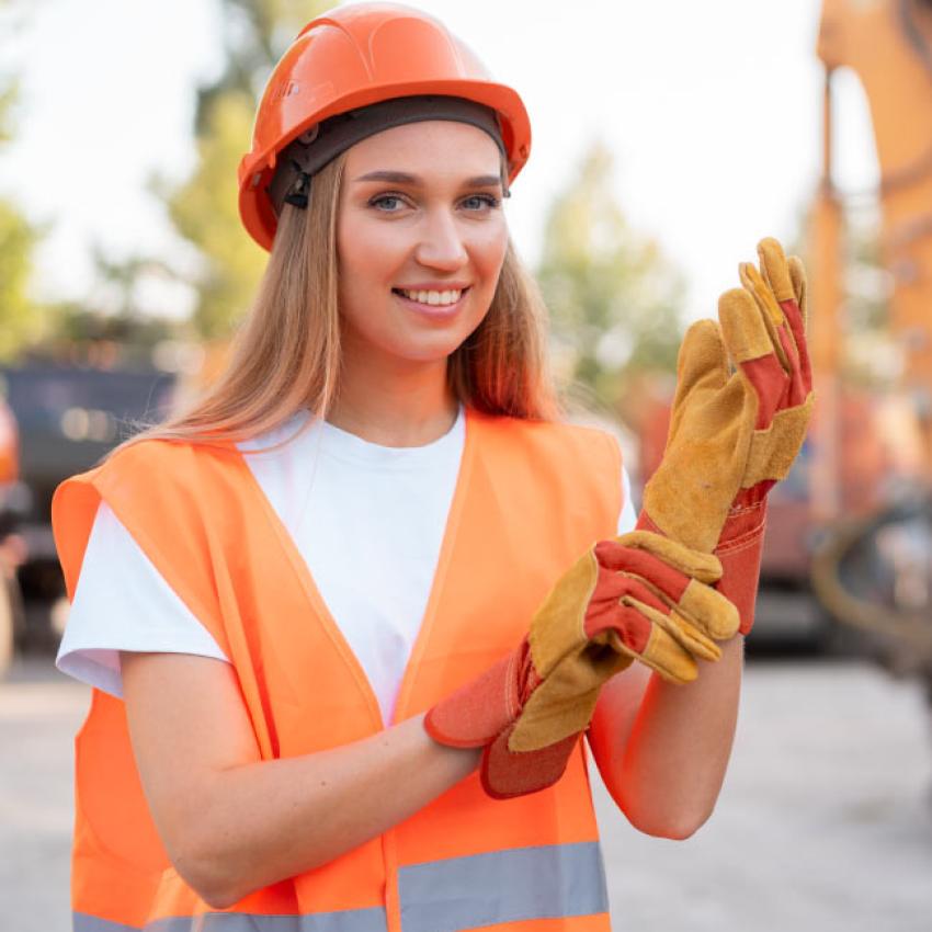 Femme avec un casque, un gilet et des gants de sécurité qui travaille sur un chantier.